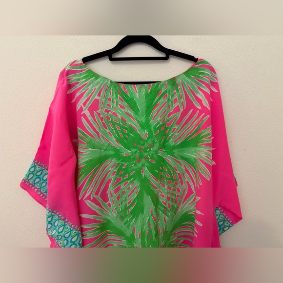 Lilly Pulitzer Julie Silk Caftan Sz L/XL Tiki Pink Palm Place Coverup Beach - Picture 5 of 10